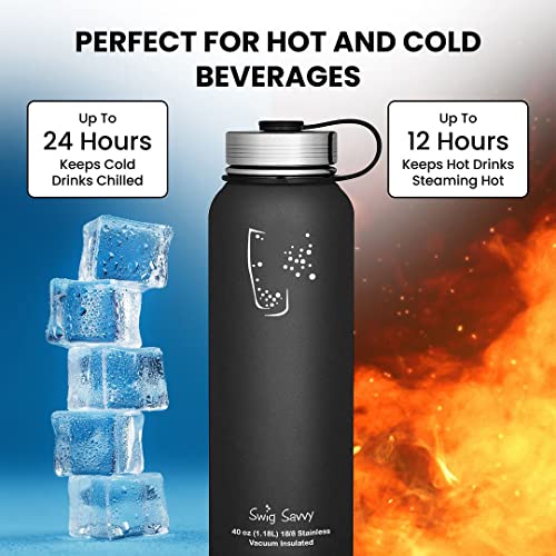 Swig Savvy Sports Water Bottle, Vacuum Insulated Stainless steel, Double Wall Wide Mouth Leakproof Lid - 40oz (Black)