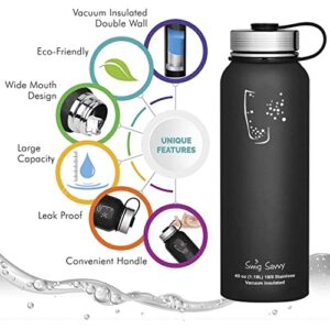 Swig Savvy Sports Water Bottle, Vacuum Insulated Stainless steel, Double Wall Wide Mouth Leakproof Lid - 40oz (Black)