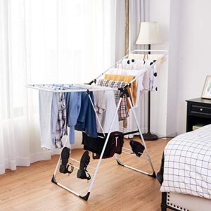 Tangkula Clothes Drying Rack, Collapsible Laundry Rack with Hanging Rods, Shoe Hangers, Adjustable Gullwing and Foldable Design for Space-Saving, Stainless Steel Clothing Shelf