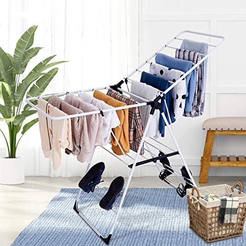 Tangkula Clothes Drying Rack, Collapsible Laundry Rack with Hanging Rods, Shoe Hangers, Adjustable Gullwing and Foldable Design for Space-Saving, Stainless Steel Clothing Shelf