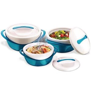pinnacle insulated casserole dish with lid 3 pc. set 2.6/1.25/.6 qt. elegant hot pot food warmer/cooler - large thermal soup/salad serving bowl- stainless steel –best gift set for moms –holidays teal