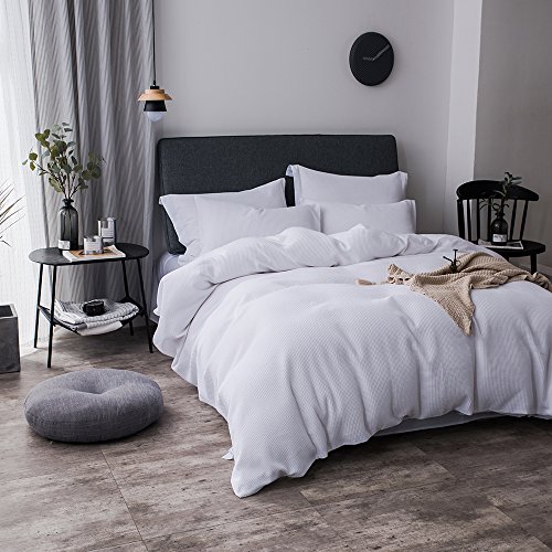 Merryfeel Waffle Duvet Cover Set,100% Cotton Waffle Weave Textured Duvet Cover Set - Full/Queen White