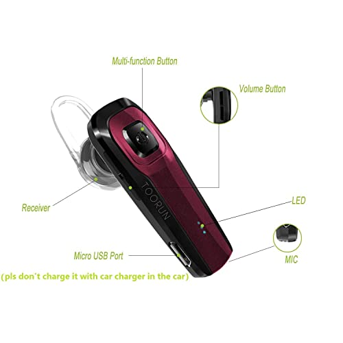 TOORUN Bluetooth Earpiece, M26 Bluetooth Headset Handsfree Wireless Headphone with Noise Cancelling and Microphone Compatible for Android iPhone Cell Phone Laptop - Red