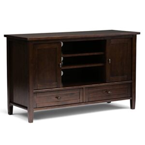 simplihome warm shaker solid wood 47 inch wide transitional tv media stand in tobacco brown for tvs up to 50 inches, for the living room and entertainment center