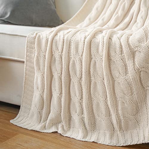 Battilo Cream Ivory Cable Knit Throw Blankets for Couch, Super Soft Warm Cozy Decorative Knitted Throw Blanket for Bed, Sofa, Chair 50"x60"