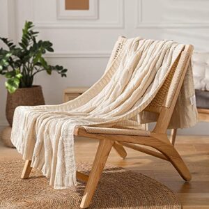 Battilo Cream Ivory Cable Knit Throw Blankets for Couch, Super Soft Warm Cozy Decorative Knitted Throw Blanket for Bed, Sofa, Chair 50"x60"