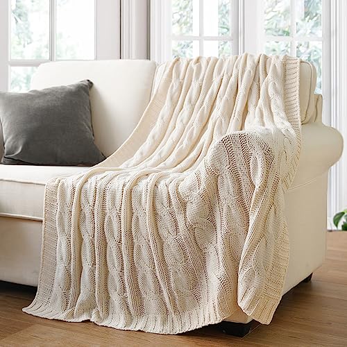 Battilo Cream Ivory Cable Knit Throw Blankets for Couch, Super Soft Warm Cozy Decorative Knitted Throw Blanket for Bed, Sofa, Chair 50"x60"