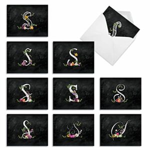 the best card company - 10 initial letter s assorted blank notecards, floral monogramed personal stationery w/envelopes bulk box set 4 x 5.12 inch thank you notes - s chalk and roses m3830ocb-b1x10