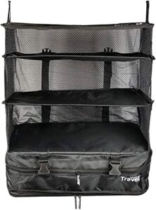 grand fusion housewares stow-n-go luggage and travel organizer, travel essentials, hanging packing cubes with hanging shelves and laundry storage compartment, black
