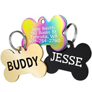 gotags personalized bone dog tags in rainbow steel, black steel or solid brass, custom engraved pet tags for dogs and cats. front and back engraving with fun fonts. dog id and cat id tags (pack of 1)