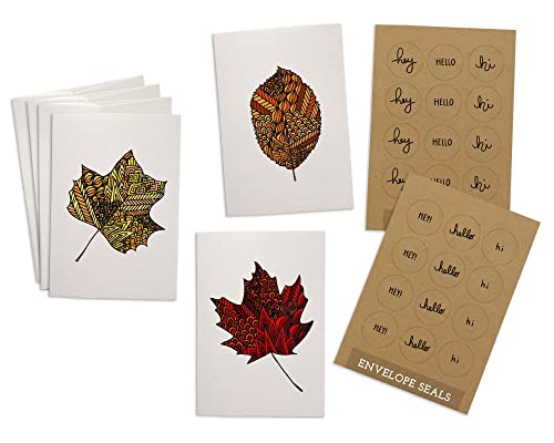 Zentangle Autumn Leaves Fall Note Cards - 24 Greeting Cards with Envelopes and Brown Kraft Sticker Seals - Perfect as Fall Thank You Cards