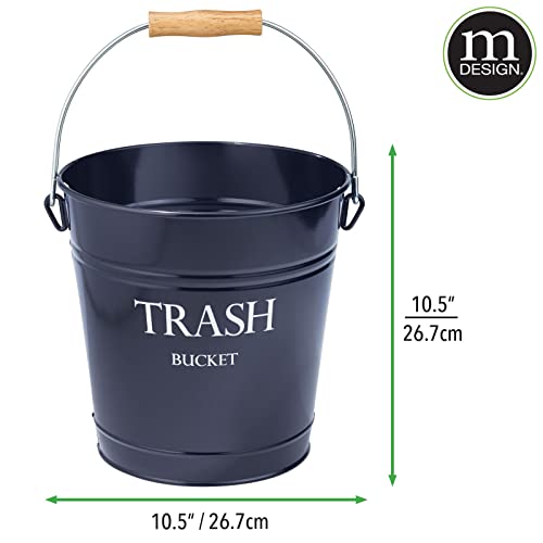 mDesign Small Round Metal Trash Can Pail, Wastebasket, Garbage Container Bin for Bathrooms, Kitchens, Home Offices - Farmhouse Decor - Portable, Wood Grip Handle - Navy Blue/White Lettering