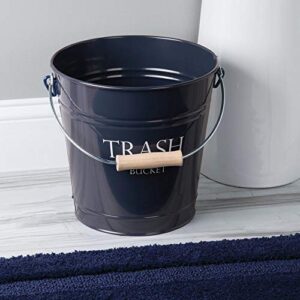 mDesign Small Round Metal Trash Can Pail, Wastebasket, Garbage Container Bin for Bathrooms, Kitchens, Home Offices - Farmhouse Decor - Portable, Wood Grip Handle - Navy Blue/White Lettering