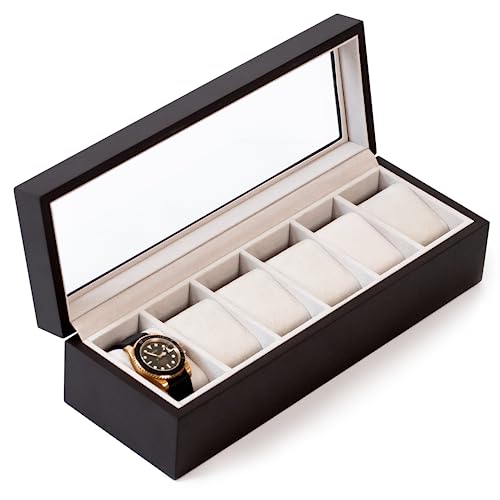 CASE ELEGANCE Solid Espresso Wood Watch Box Organizer with Glass Display Top