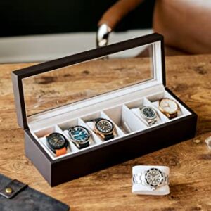 CASE ELEGANCE Solid Espresso Wood Watch Box Organizer with Glass Display Top