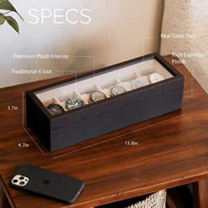 CASE ELEGANCE Solid Espresso Wood Watch Box Organizer with Glass Display Top