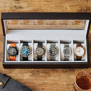 CASE ELEGANCE Solid Espresso Wood Watch Box Organizer with Glass Display Top