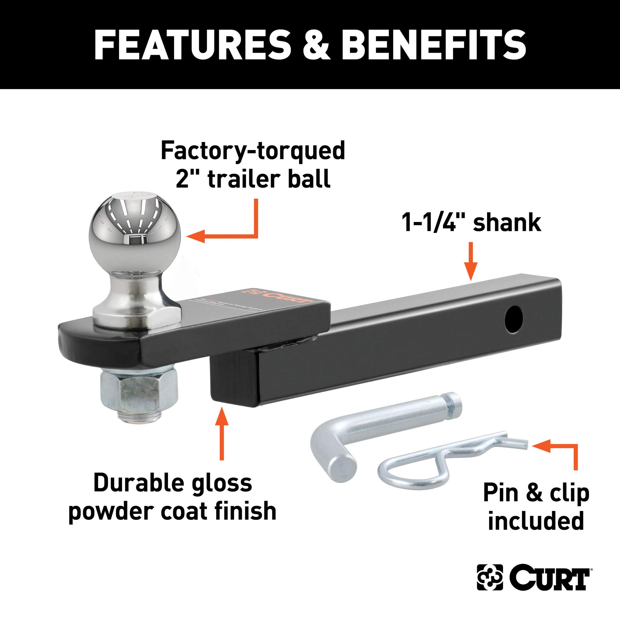CURT 45147 Trailer Hitch Mount, 2-Inch Ball, Pin, Fits 1-1/4-In Receiver, 3,500 lbs, 3/4" Rise , Black