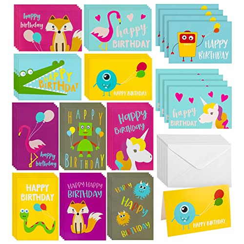 Best Paper Greetings 48 Pack Assorted Happy Birthday Cards for Kids with Unicorn, Flamingo, Monster, and Fox Designs (4x6 In)