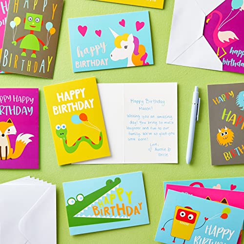 Best Paper Greetings 48 Pack Assorted Happy Birthday Cards for Kids with Unicorn, Flamingo, Monster, and Fox Designs (4x6 In)