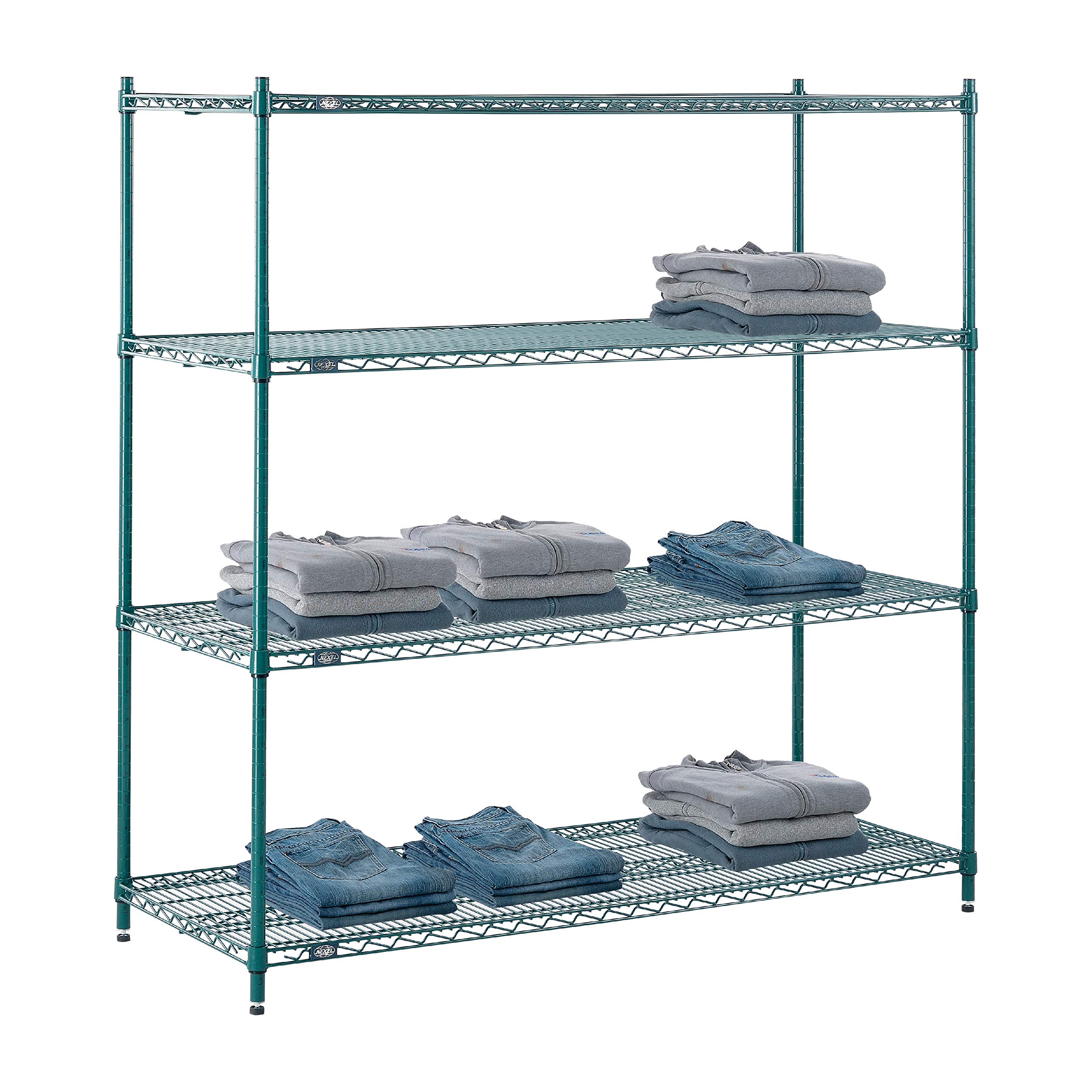 Nexel Poly-Green Adjustable Wire Shelving Unit, 4 Tier, Heavy Duty Commerical Storage Organizer Wire Rack, 24" x 60" x 63", Green