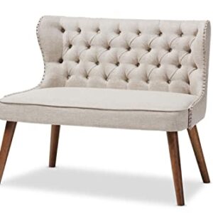 Baxton Studio Scarlett Mid-Century Modern Brown Wood and Light Beige Fabric Upholstered Button-Tufting with Nail Heads Trim 2-Seater Loveseat Settee