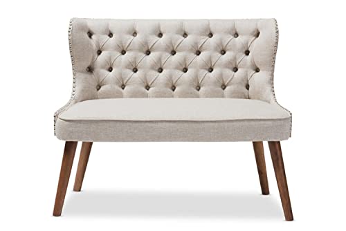 Baxton Studio Scarlett Mid-Century Modern Brown Wood and Light Beige Fabric Upholstered Button-Tufting with Nail Heads Trim 2-Seater Loveseat Settee