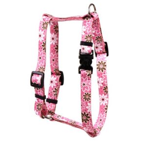 yellow dog design daisy chain pink roman style h dog harness, small/medium