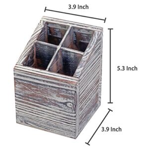 MyGift Square Torched Brown Wood Pencil Cup Pen Holder for Desk with 4 Compartments and Slanted Design, Desktop Office Supplies Storage Box Organizer Bin