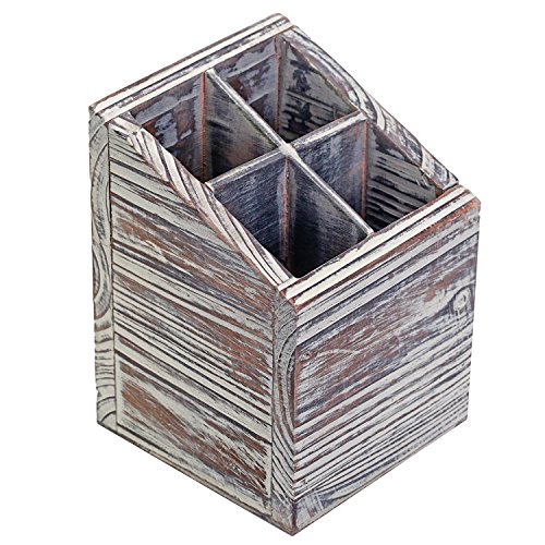 MyGift Square Torched Brown Wood Pencil Cup Pen Holder for Desk with 4 Compartments and Slanted Design, Desktop Office Supplies Storage Box Organizer Bin