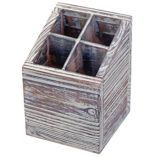 MyGift Square Torched Brown Wood Pencil Cup Pen Holder for Desk with 4 Compartments and Slanted Design, Desktop Office Supplies Storage Box Organizer Bin