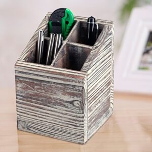 MyGift Square Torched Brown Wood Pencil Cup Pen Holder for Desk with 4 Compartments and Slanted Design, Desktop Office Supplies Storage Box Organizer Bin