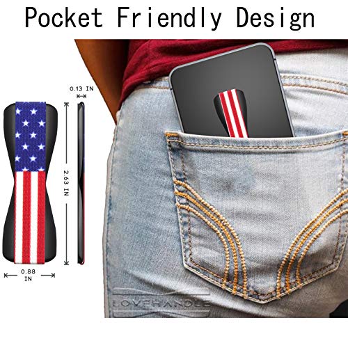 LOVEHANDLE Phone Grip for Most Smartphones and Mini Tablets, USA Flag Design Colored Elastic Strap with Black Base, LH-01USAFlagBlk