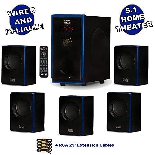 Acoustic Audio AA5102 Bluetooth 5.1 Speaker System with 4 Extension Cables Home Theater