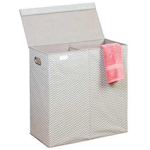 iDesign Axis Fabric Double Folding Laundry Clothes Hamper Bin with Handles and Lid, Basket for Bedroom, College Dorm, 24" x 12" x 25", Taupe