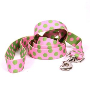 yellow dog design pink and green polka dot dog leash, small/medium-3/4 wide and 5' (60") long