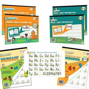 channie’s workbook set for pre-kindergarten - 3rd grade elementary school students, 4 handwriting pads & 2 math practice workbooks (6 pack)