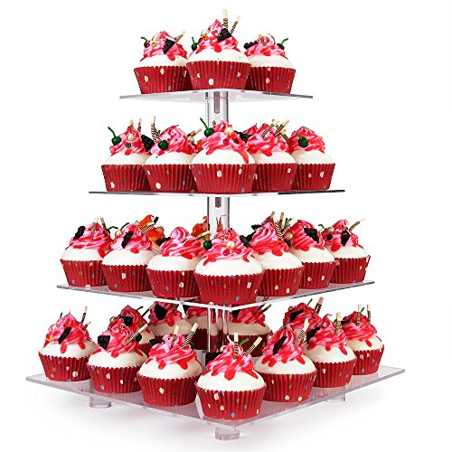 YestBuy 4 Tier Cupcake Stand, Acrylic Cupcake Tower Stand, Premium Cupcake Holder, Clear Cupcake Display for 52 Cupcakes, Display for Pastry Wedding Birthday Party (4 Tier Square with Base)