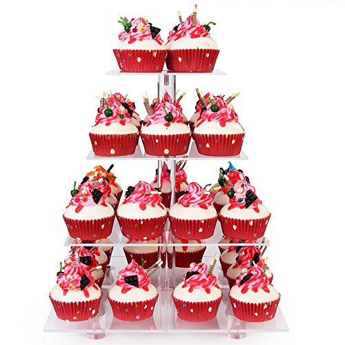 YestBuy 4 Tier Cupcake Stand, Acrylic Cupcake Tower Stand, Premium Cupcake Holder, Clear Cupcake Display for 52 Cupcakes, Display for Pastry Wedding Birthday Party (4 Tier Square with Base)