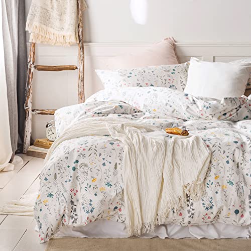 VM VOUGEMARKET King Bedding Duvet Cover Set,100% Cotton Colorful Flower Plant Pattern Bedding Set,Ultra Soft and Easy Care Zipper Closure-King,Floral