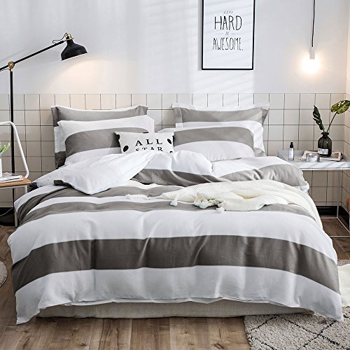 Merryfeel Cotton Duvet Cover Set Queen,100% Cotton Waffle Weave Duvet Cover Set - Grey and White Stripe Bedding Set