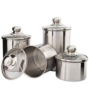 Airtight Canisters Sets for the Kitchen Counter - Stainless Steel Food Storage Containers with Glass Lids for Tea, Coffee, Sugar, Flour - Baking Dry Storage, Metal Pantry Canister - Medium 4PCS
