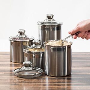 Airtight Canisters Sets for the Kitchen Counter - Stainless Steel Food Storage Containers with Glass Lids for Tea, Coffee, Sugar, Flour - Baking Dry Storage, Metal Pantry Canister - Medium 4PCS