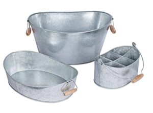 birdrock home galvanized beverage tub, caddy and tray set - 3 piece - party tray platter drink holder - silverware caddy - wooden handles