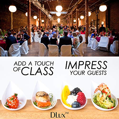 DLux 100 4-in Tear Drop Mini Appetizer Plates, Reusable White Plastic Spoons - Desserts and Appetizers Dishes Serving Plate - Asian Spoon Set, Small Catering Dessert Tasting Cups - with Recipe Ebook