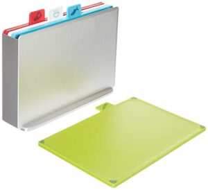 joseph joseph index plastic cutting board set with storage case color-coded dishwasher-safe non-slip, small, silver