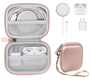 travel protection and storage case for airpods case, featured design, mesh pouches for airpods case, wall charger and cable, (rose gold)