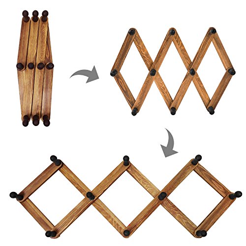 MyGift 10 Hook Burnt Wood Wall Mounted Expandable Accordion Peg Coat Rack Hanger for Entryway, Mudroom or Garage