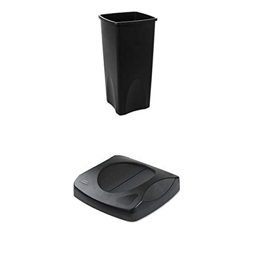 Rubbermaid Commercial 23-Gallon Untouchable Trash Can with Swing Lid Combo, Rectangular, Black (FG356988BLA & FG268988BLA)