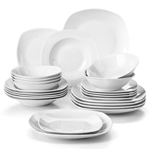 malacasa dinnerware sets, 24-piece porcelain dinnerware set plates and bowls sets, gray white square dishes dinner sets for dessert, salad and pasta, modern dish set for 6, series elisa